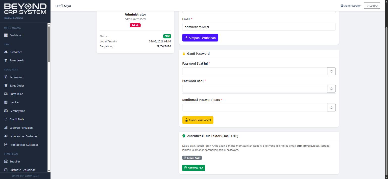 Pengaturan profil dan autentikasi dua faktor di Beyond ERP-System